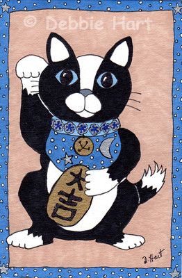 262x400 Nfac Original 4x6 Japanese Lucky Tuxedo Cat Maneki Neko Painting - Maneki Neko Painting