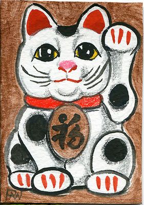 281x400 Aceo Original Art Sale Japanese Good Luck Cat, Direct - Maneki Neko Painting