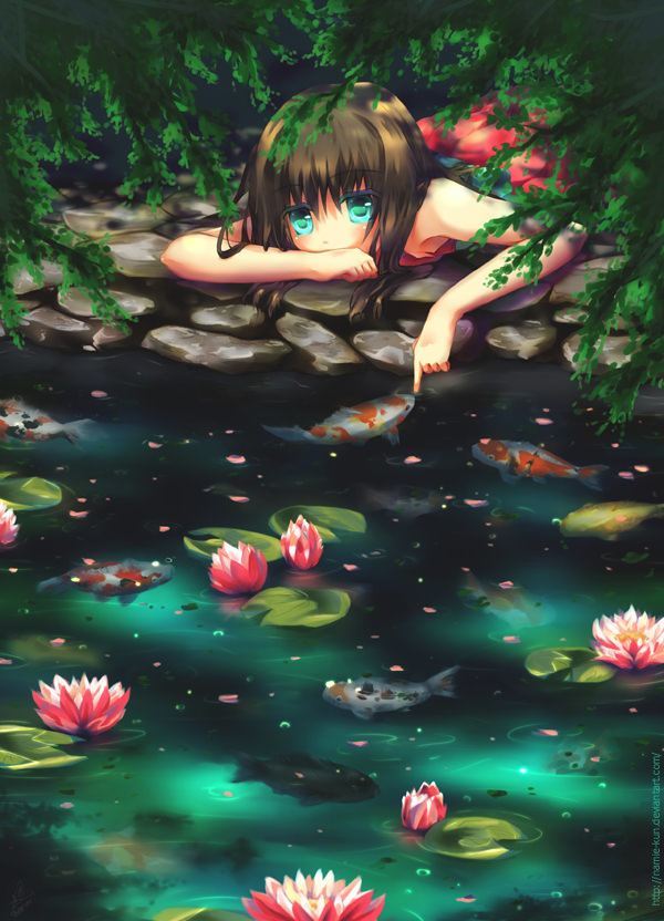 600x832 A Cute But Sad Manga Girl Plays With Koi Fish And Lotus Flowers - Manga Girl Painting