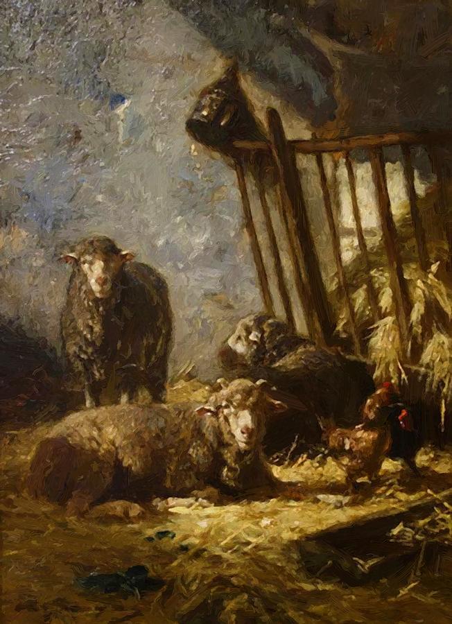 652x900 Sheep In Manger Painting By Jacque Charles - Manger Painting