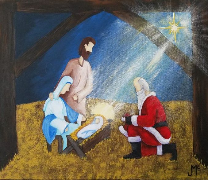 678x589 Santa Kneeling - Manger Scene Painting