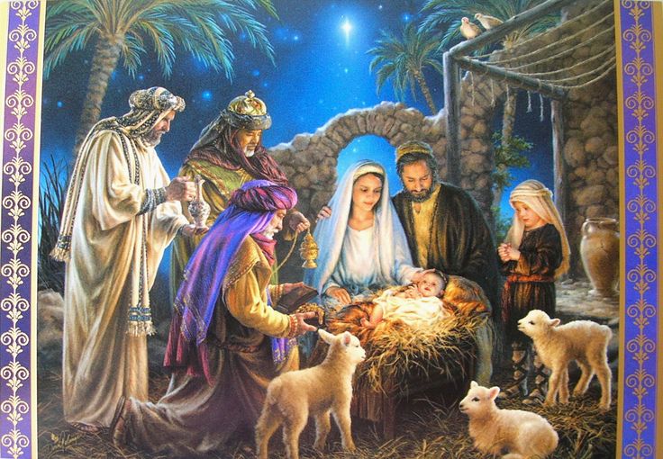736x510 Christmas Cards With Nativity Scene Valengo Style - Manger Scene Painting