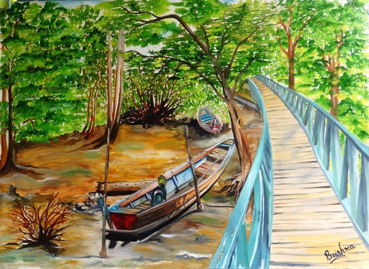 1280x933 Buy Boat Near Wooden Bridge Handmade Painting By Bushra K. Code - Mangrove Painting