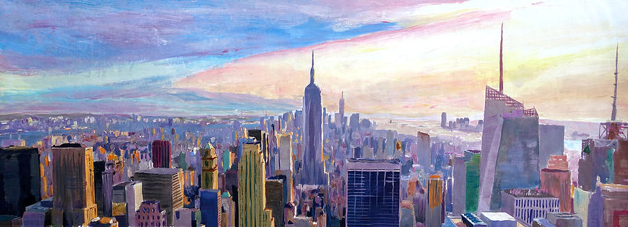 900x326 Wide Panorama Of Manhattan With New Jersey And Brooklyn Painting - Manhattan Painting