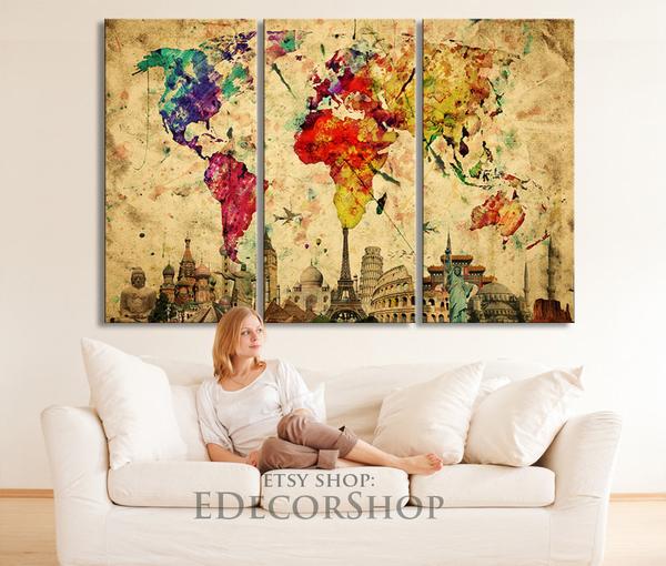 600x510 Wonders Of The World Colorful World Map Canvas Print On Old Paper - Map Painting