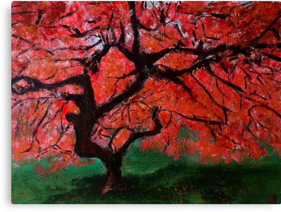 550x416 Japanese Maple Tree Red Pink Leaves Contemporary Acrylic Painting - Maple Tree Painting