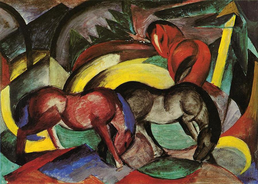900x641 Three Horses Painting By Franz Marc - Marc Painting