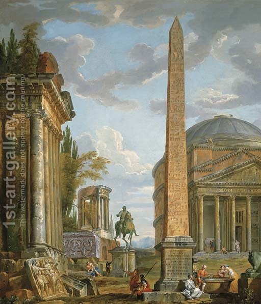 512x597 A Capriccio With Figures Gathered Around The Obelisk Of Augustus - Marcus Aurelius Painting