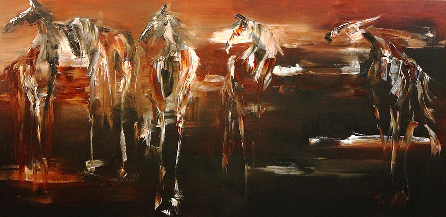 900x439 Evening Mares Painting By Terry Meyer - Mares Painting