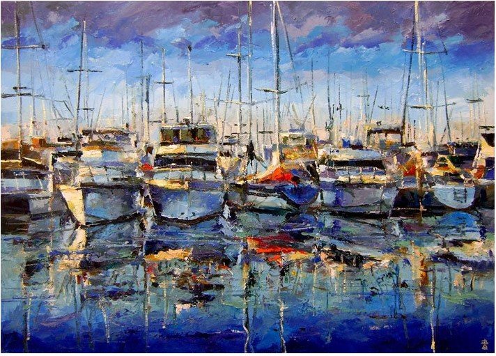 712x511 Original Painting Oil On Canvas Art Marina Boats Dusan In Painting - Marina Painting