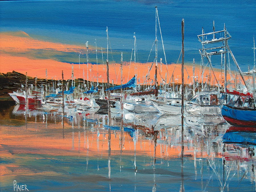 900x673 Sunset Marina Painting By Pete Maier - Marina Painting