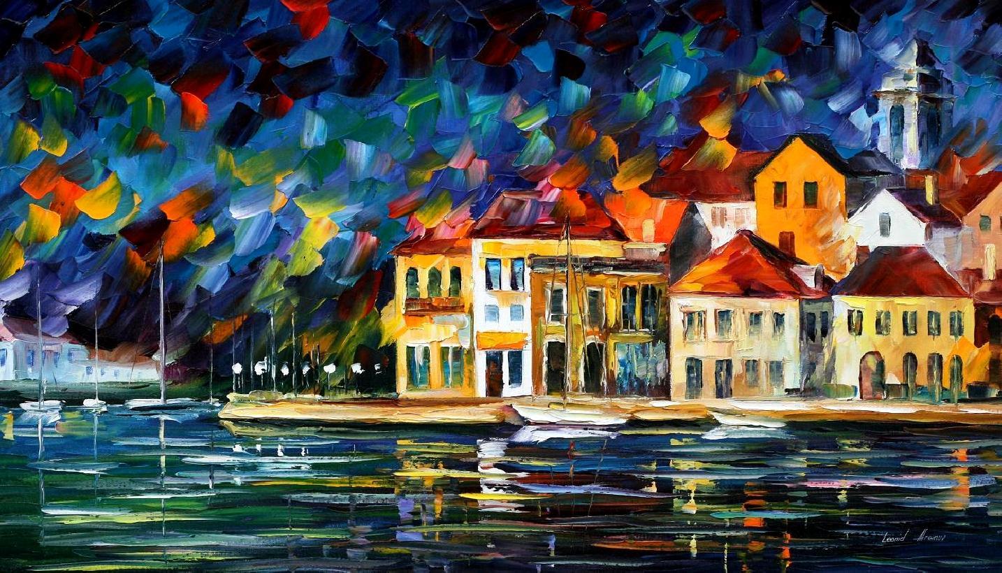 1434x820 Town Marina Palette Knife Oil Painting On Canvas By Leonid - Marina Painting