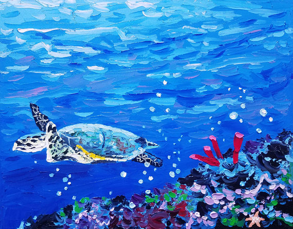 570x446 Textured Wall Art Canvas Art Sea Turtle Marine Life - Marine Life Painting