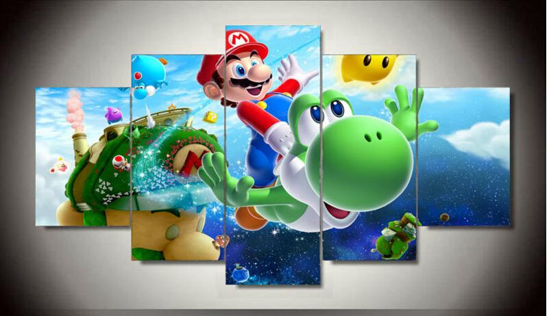 801x462 Discount 5 Panel Wall Art Cartoon Group Oil Painting Super Mario - Mario Canvas Painting