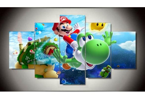 587x400 Frameless 5 Panel Wall Art Cartoon Oil Painting Super Mario Galaxy - Mario Canvas Painting