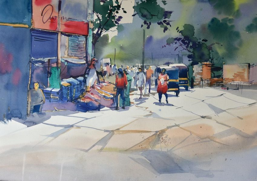 849x600 Market Watercolor Painting - Market Painting