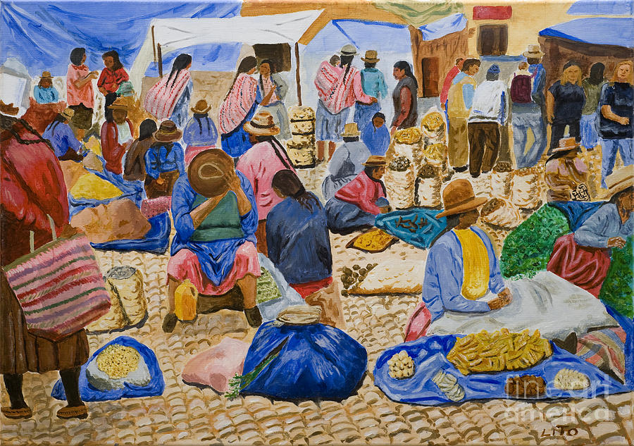 900x633 Pisac Indian Market Painting By Asher Topel - Market Painting