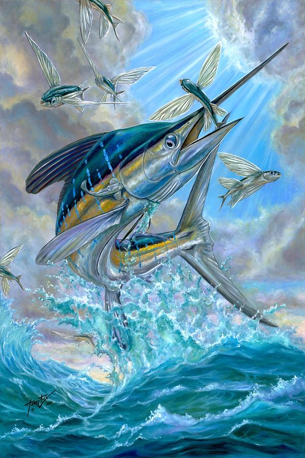 599x900 Jumping White Marlin And Flying Fish Painting By Terry Fox - Marlin Painting