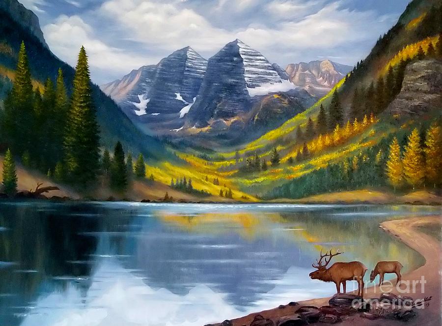 900x663 Maroon Bells Painting By Ye Htut - Maroon Bells Painting