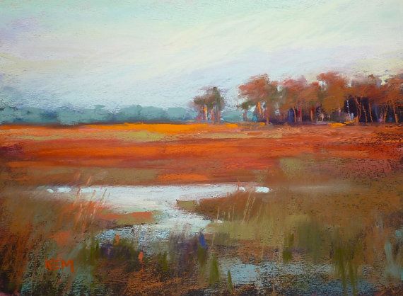 570x418 Original Pastel Painting Sunset Marsh Landscape Art, Orange,green - Marsh Painting