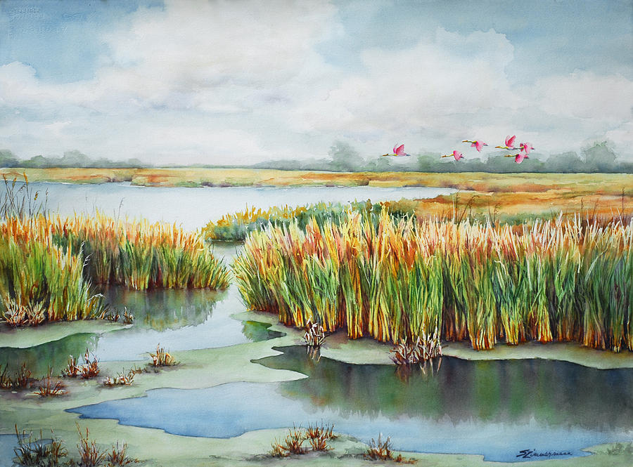 900x665 Spoonbill Marsh Painting By Sue Zimmermann - Marsh Painting