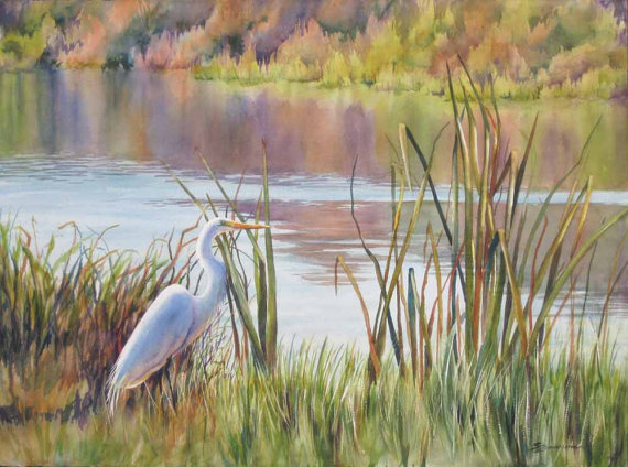 570x424 Landscape Art Egret In A Marsh Marsh Painting Watercolor - Marsh Painting