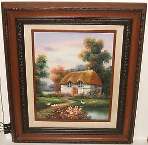 300x293 Marten Cottage Garden Ducks Pond Scene Original Oil On Board - Marten Painting