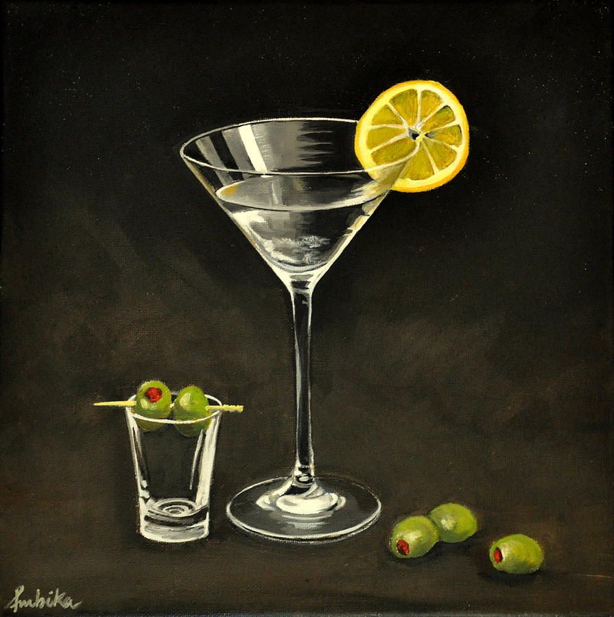 895x900 Martini And Olives Canvas Print Canvas Art By Ambika - Martini Painting