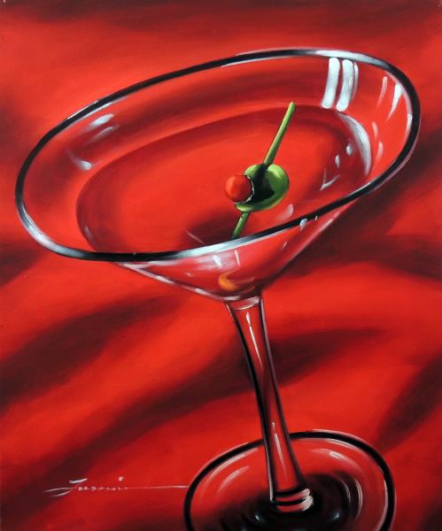 499x600 Martini Booze Cocktail Glass Olive Bar Red Stretched 20x24 Oil - Martini Painting
