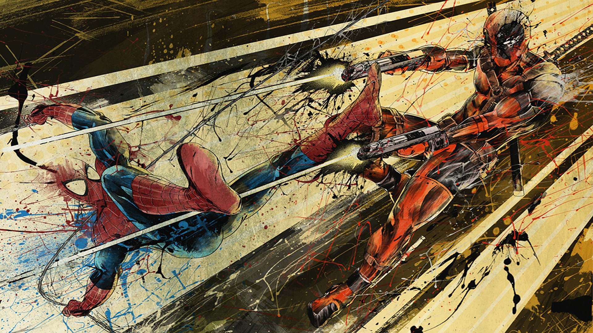 1920x1079 Wallpaper Painting, Vehicle, Spider Man, Comics, Deadpool - Marvel Heroes Painting