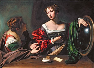 300x218 Martha And Mary Magdalene (Caravaggio) - Mary And Martha Painting
