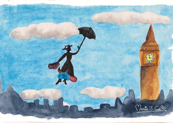 700x500 Mary Poppins Flying Over London Greeting Card For Sale By Maria J - Mary Poppins Painting