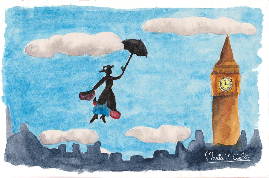 900x597 Mary Poppins Flying Over London Painting By Maria J Cuesta - Mary Poppins Painting