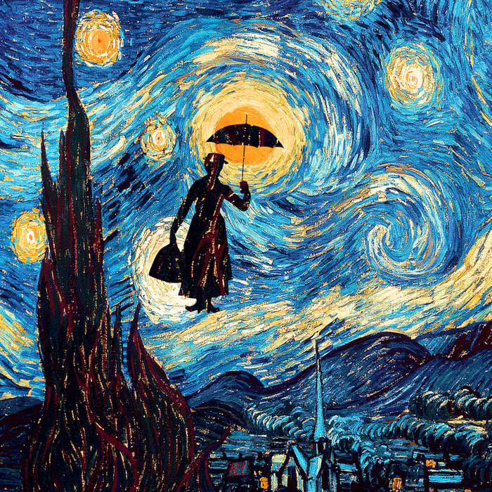 700x700 Mary Poppins Starry Night Oil Painting Iphone 4 4s 5 5c 6, Pillow - Mary Poppins Painting