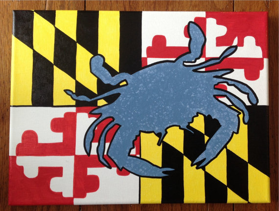 570x432 Hand Painted Canvas Blue Crab With Maryland Flag Background - Maryland Flag Painting