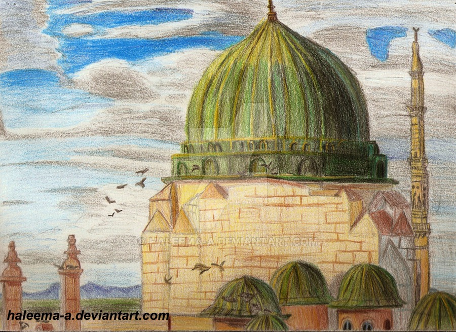900x655 Masjid E Nabawithe Green Dome By Haleema - Masjid Painting