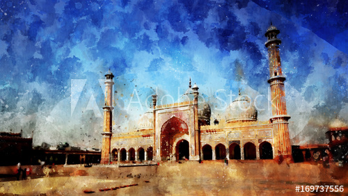 500x282 Watercolor Painting Of Jama Masjid, Delhi. 17th Century, Red - Masjid Painting