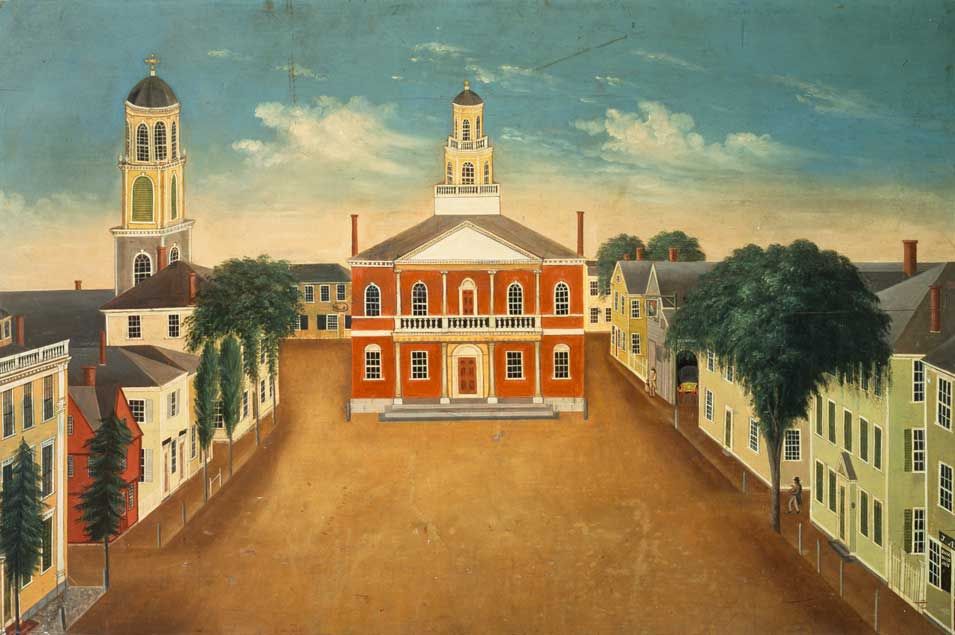 955x635 George Washington Felt, Fireboard View Of Court House Square - Massachusetts Painting