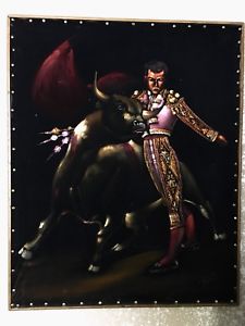 225x300 Matador Bull Fighter Oil Painting Velvet Velour Vintage Mcm Framed - Matador And Bull Oil Painting