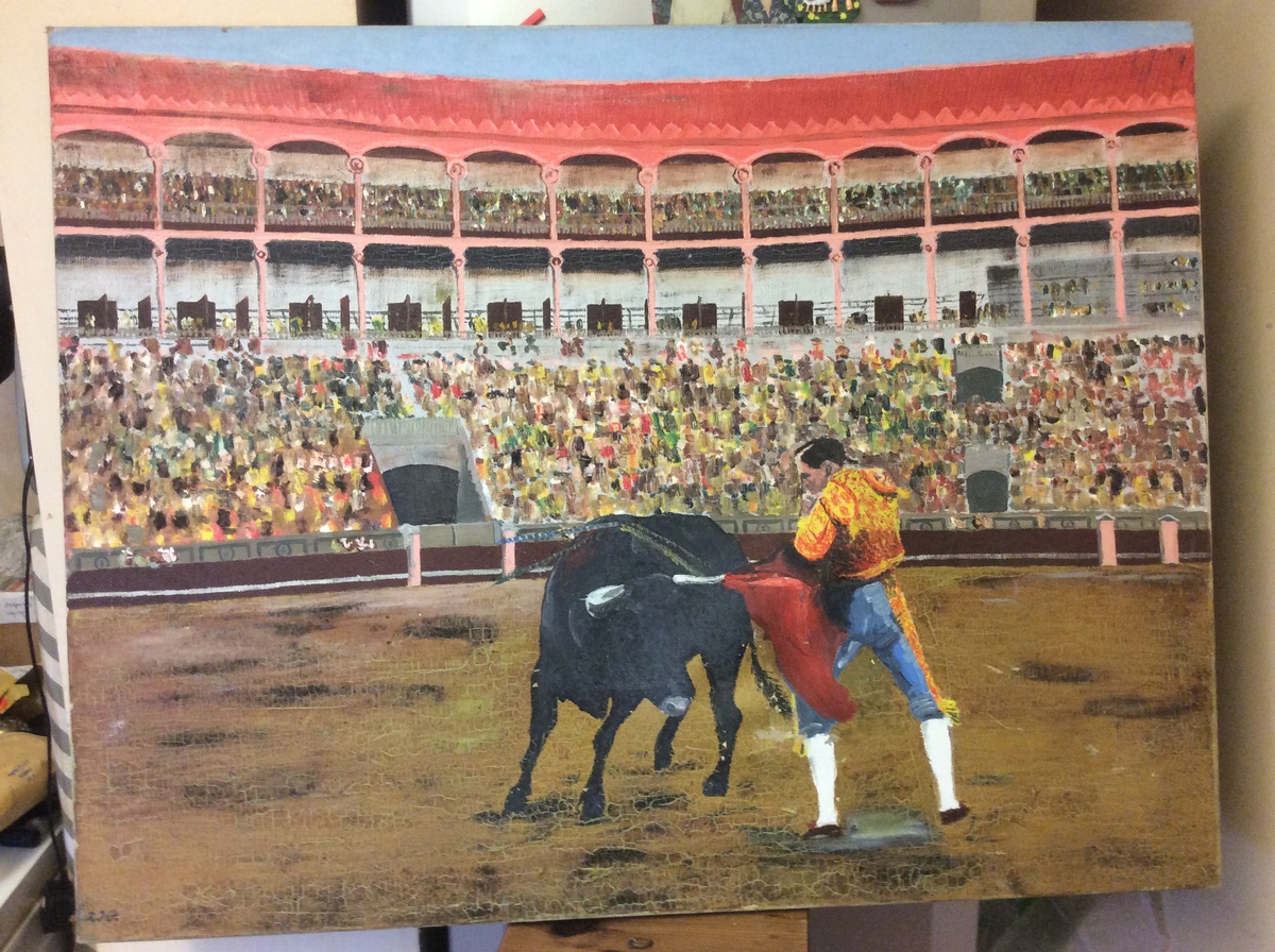 1200x896 Old Matador Amp Bull In Ring Oil Painting Signed Rjg - Matador And Bull Oil Painting