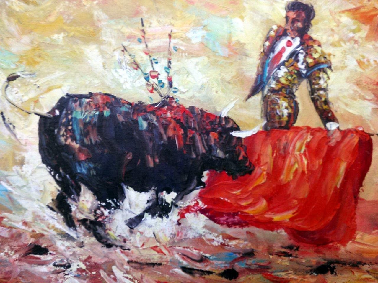1280x960 Old Vintage Oil Painting Mid Century Modern Latin American - Matador And Bull Oil Painting