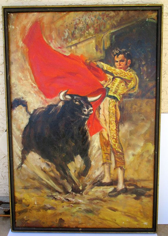 570x799 Vintage Matador Bullfighter Oil Painting Bull Fighting Painting - Matador And Bull Oil Painting