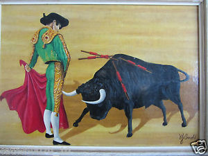 300x225 Oil Painting 60s Vintage Matador Bull Fight Signed Ebay - Matador Oil Painting