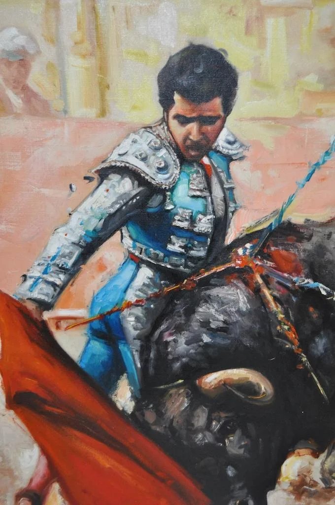 680x1024 The Matador And The Bull Oil Painting By R. Basso Antique Canvas - Matador Oil Painting