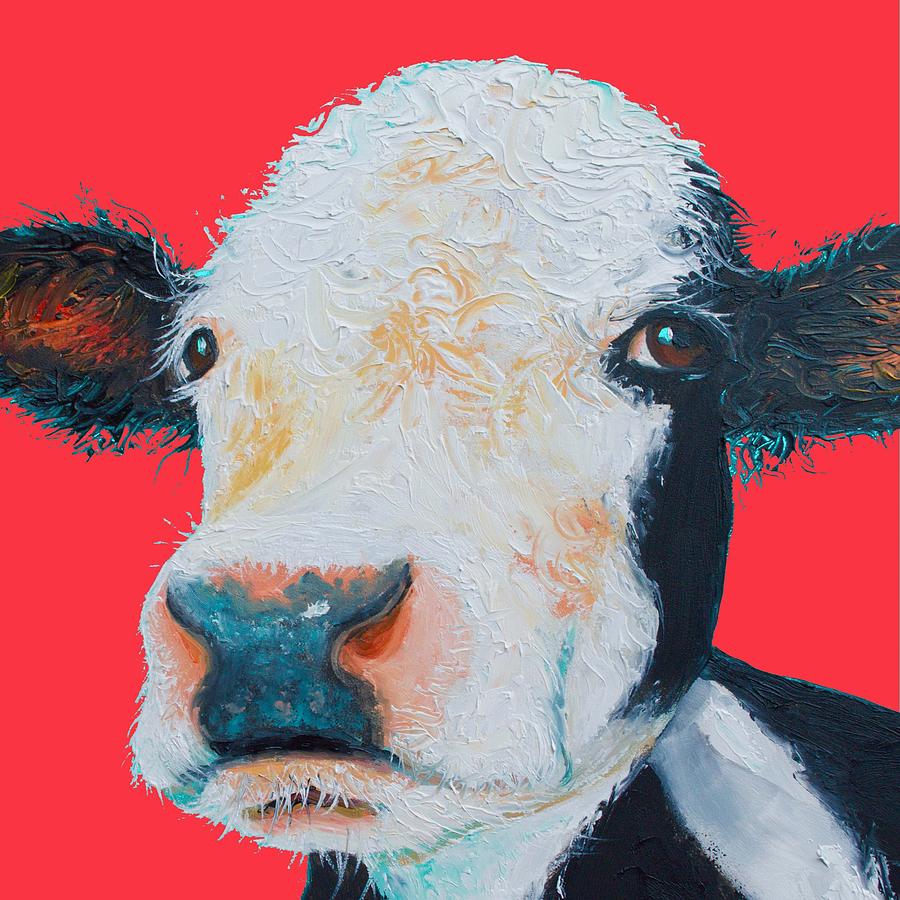 900x900 Hereford Cow Painting On Red Background Painting By Jan Matson - Matson Painting