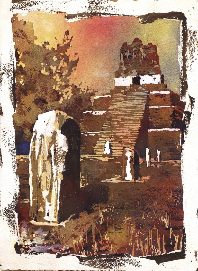 770x1056 Saatchi Art Fine Art Poured Watercolor Painting Of Mayan Temple - Mayan Painting