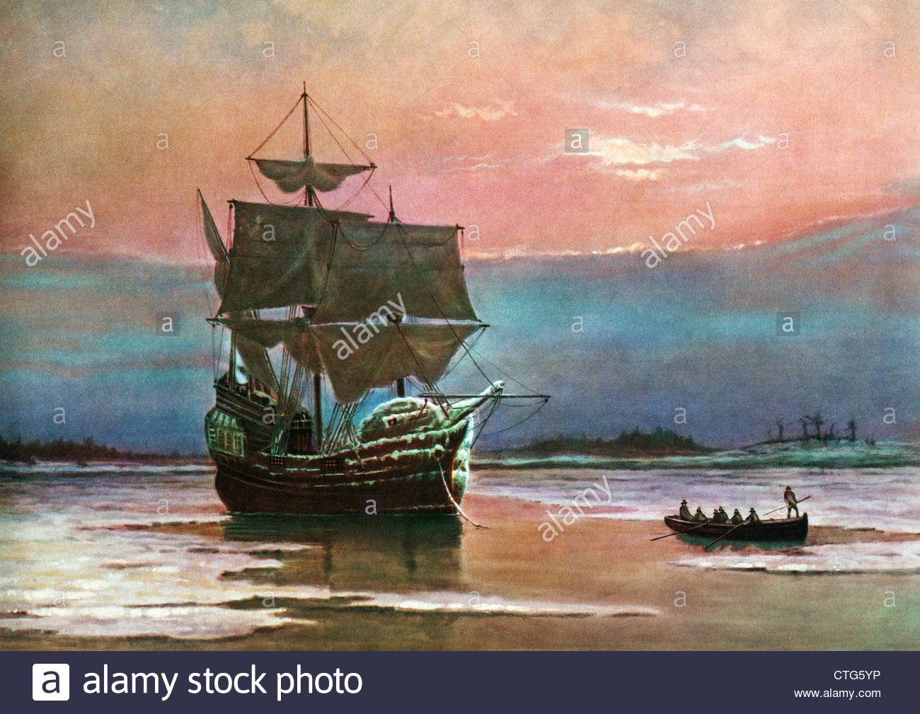 1300x1009 Painting Of The Ship The Mayflower 1620 In Plymouth Harbor By - Mayflower Painting