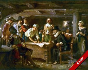 300x240 The Mayflower Compact Pilgrims Us History Oil Painting Art Print - Mayflower Painting