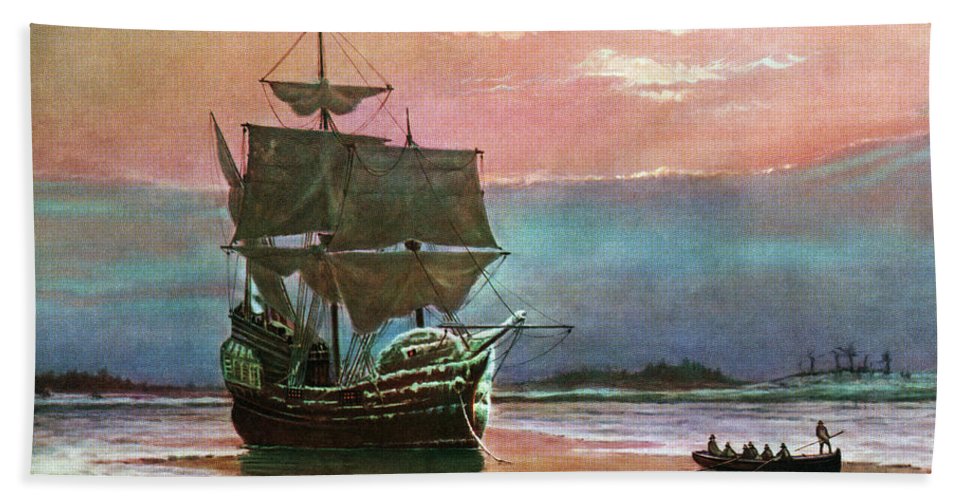 967x500 Painting Of The Ship The Mayflower 1620 Hand Towel For Sale By - Mayflower Ship Painting