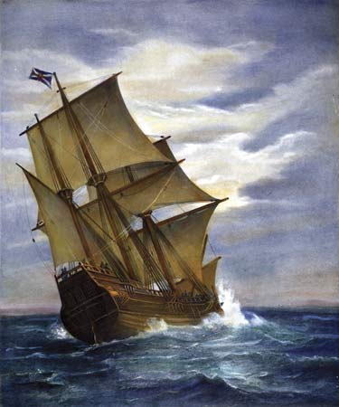 375x450 The First Thanksgiving Mayflower, Pilgrims, Thanksgiving - Mayflower Ship Painting